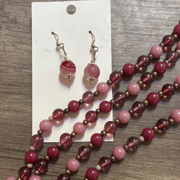 Pink Agate Drop Earrings + Beaded Necklace - Picture 2 of 6